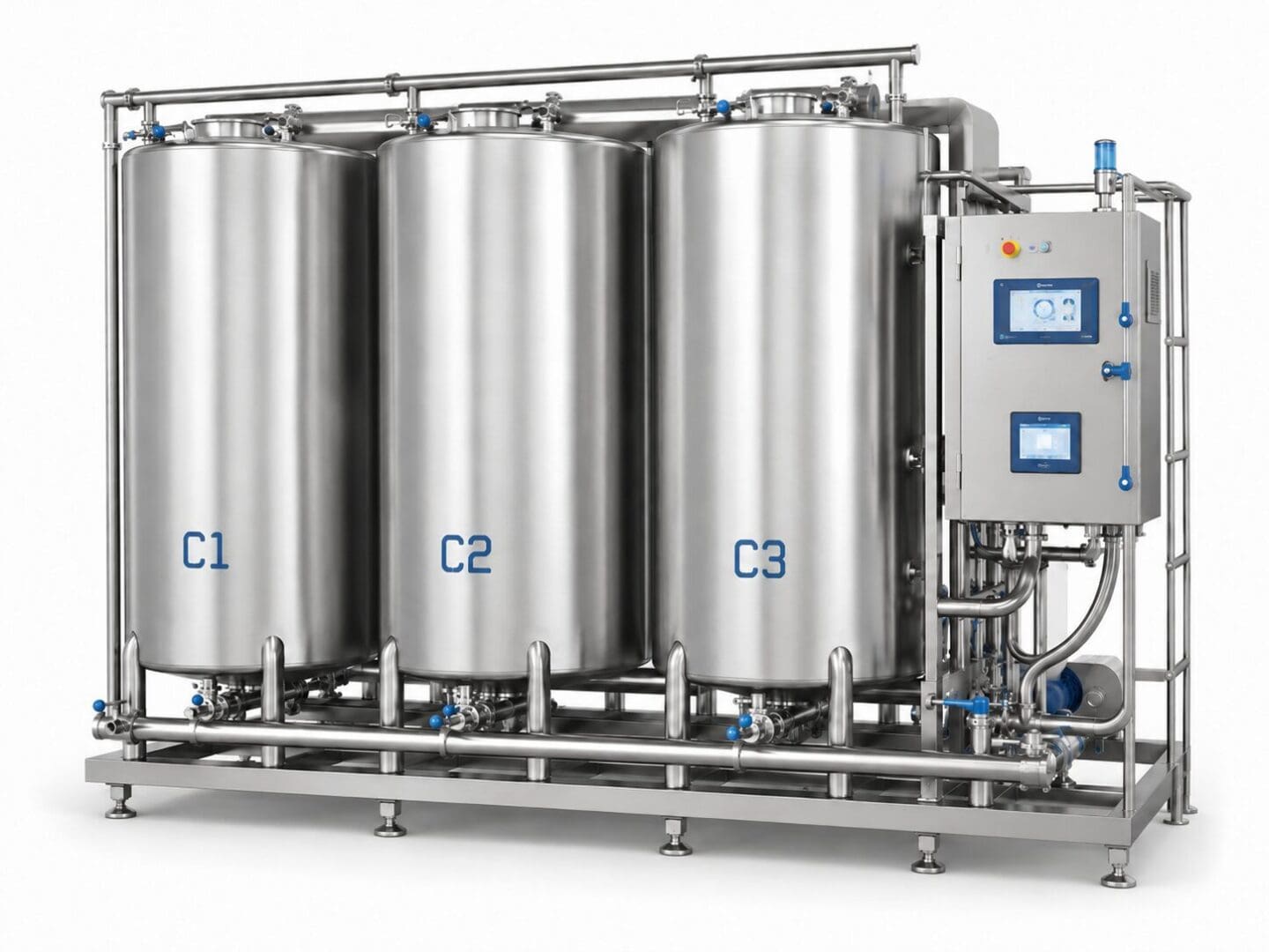 Three stainless steel processing tanks with control panel